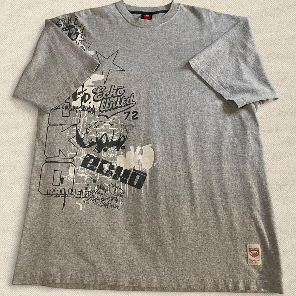 Y2K Ecko Unltd Grey Short Sleeve T-Shirt Graffiti Graphic Skater Grunge
